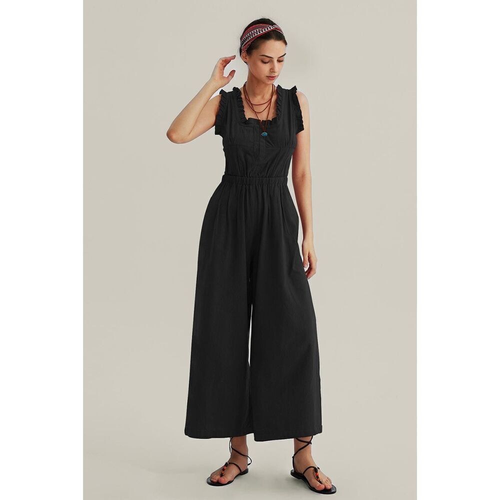 CHERFLY Ruffle Neckline Backstrap Jumpsuit for women navy blue med